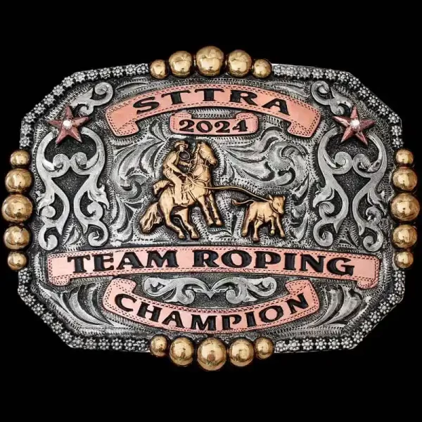 The Glendale Custom Belt Buckle is built to show off your western style featuring bronze beads and copper banners for your lettering. Customize this buckle now!